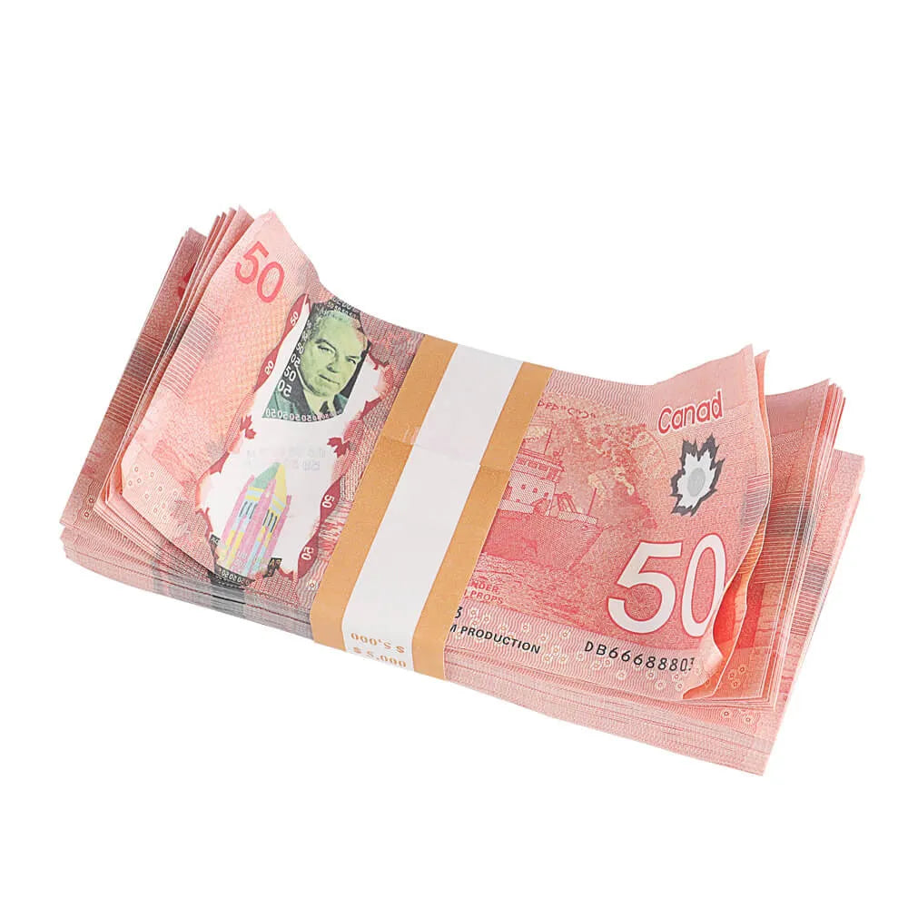 Argent accessoire canadien de style vieilli, billets de 50 $, 5 000 $, impression complète, 1 pile (100 pièces)