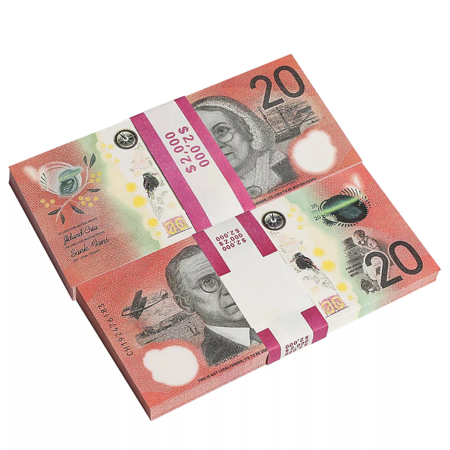 Australian Prop Money Billets de 20 $ AUD 2 000 $ Impression complète 1 pile (100 billets)