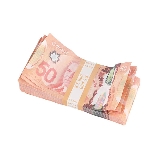 Argent accessoire canadien de style vieilli, billets de 50 $, 5 000 $, impression complète, 1 pile (100 pièces)
