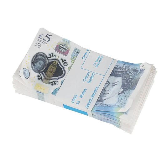 Style vieilli UK Prop Money GBP £ 5 Pound Notes £ 500 Impression complète