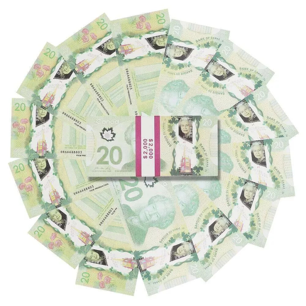 Billets de 20 $ d'argent canadien, 2 000 $, impression complète, 1 pile (100 pièces)