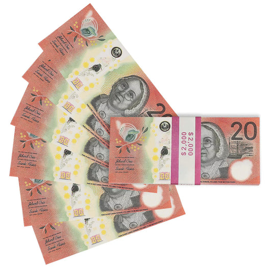 Australian Prop Money AUD $20 Bills $2,000 Full Print 1 Stack (100 Bills)