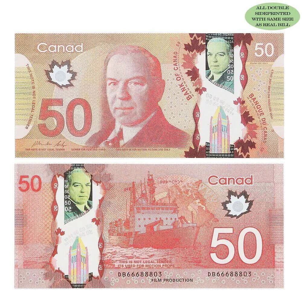 Billets de 50 $ en argent canadien, 5 000 $, impression complète, 1 pile (100 pièces)